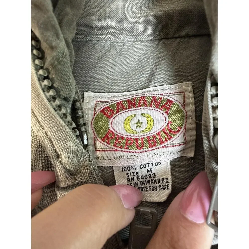 Vintage 90s Banana Republic Vest Mens M Green Safari Military Hooded Canvas